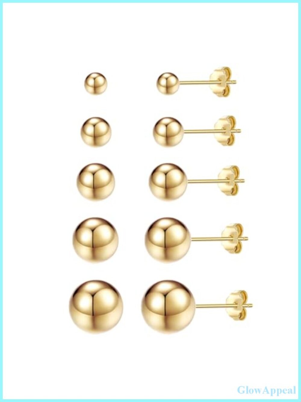 5 Pairs Gold Plated Ball Stud Earrings Set for Women Assorted Sizes 3-7mm